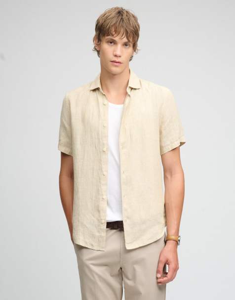 Superdry Riviera short sleeve linen shirt in tan chambray - view 1