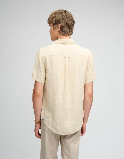 Superdry Riviera short sleeve linen shirt in tan chambray