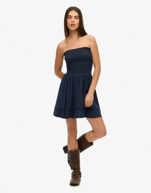 Superdry - Robe bandeau courte à smocks - Bleu marine éclipse