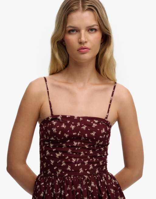 Superdry - Robe d'été courte style corset à bretelles fines et décolleté en cœur avec petites fleurs - Bordeaux, 3 de 7