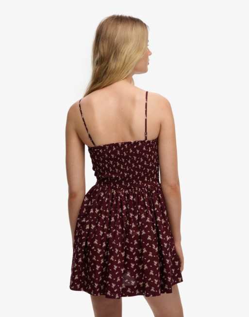 Superdry - Robe d'été courte style corset à bretelles fines et décolleté en cœur avec petites fleurs - Bordeaux, 5 de 7