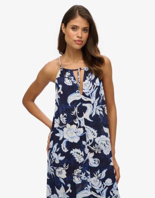 Superdry - Robe longue de plage à fines bretelles - Bleu imprimé chrissy