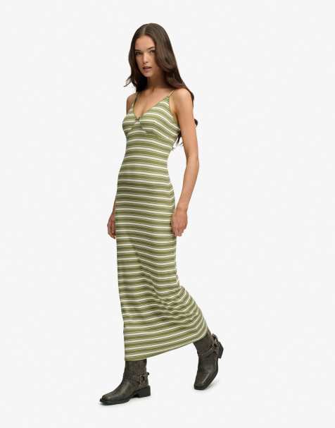 Superdry - Robe longue en jersey côtelé à rayures - Vert olive - view 1