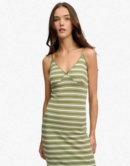 Superdry - Robe longue en jersey côtelé à rayures - Vert olive, 2 de 6