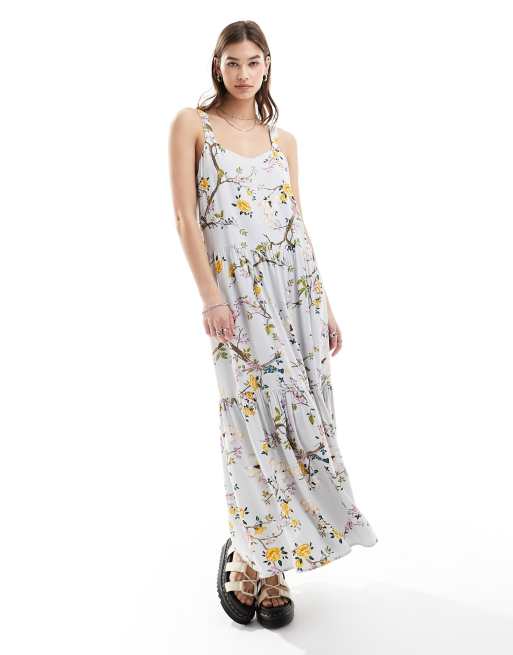 Superdry - Robe longue étagée en textile tissé à motif fleurs et oiseaux - Gris