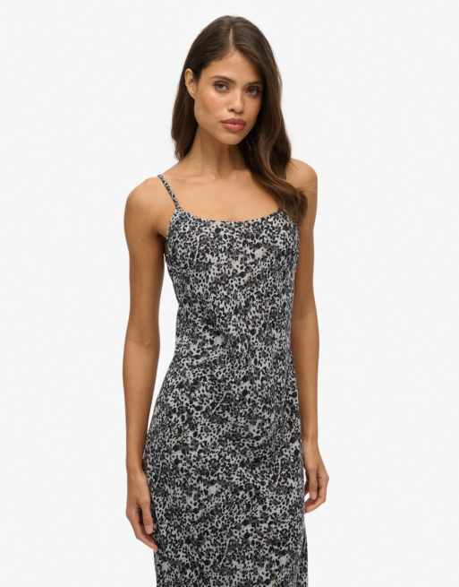 Superdry - Robe longue nuisette coupée en biais - Gris à imprimé animal