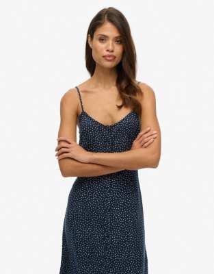 Superdry - Robe mi-longue boutonnée à bretelles avec imprimé à pois - Alana-Bleu marine