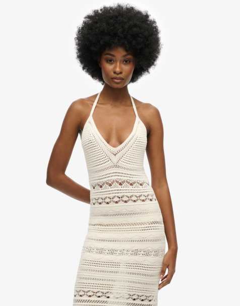 Superdry - Robe mi-longue en maille au crochet à franges - Blanc cassé désert - view 1