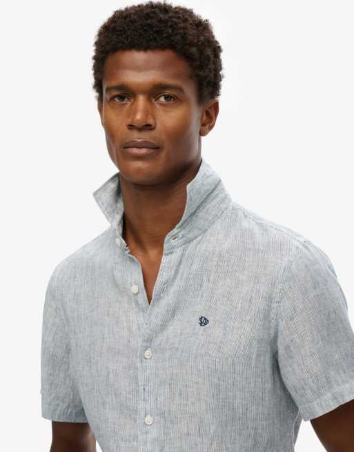 Superdry – Sd – Besticktes Urlaubshemd aus Leinen in Marineblau mit Ticking-Streifenmuster