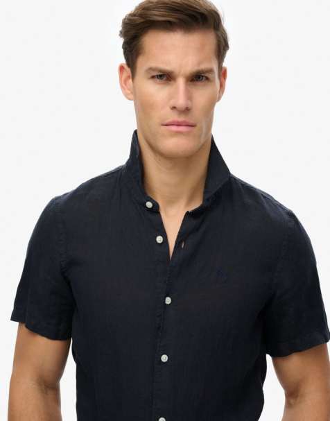 Superdry Sd embroidered vacation linen shirt in super dark navy