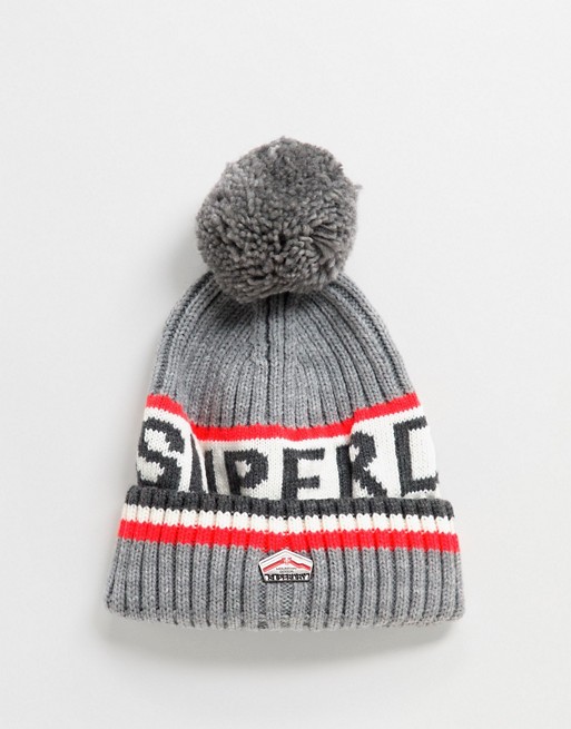 Superdry SD logo beanie with bobble in grey