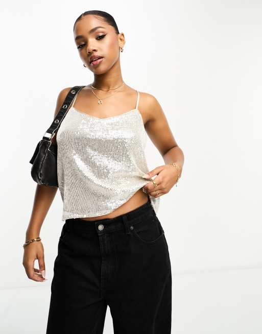 Womens - Sequin Cami Vest Top in Silver Sequin