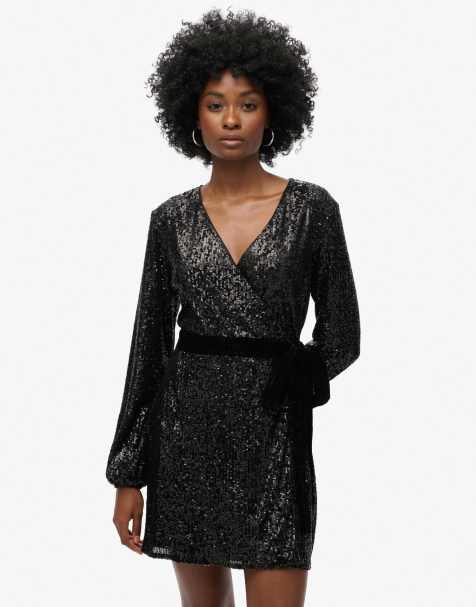 Superdry Sequin velvet wrap mini dress in black sequin