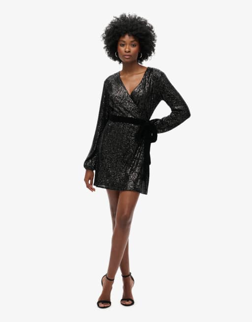 Superdry Sequin velvet wrap mini dress in black sequin | ASOS