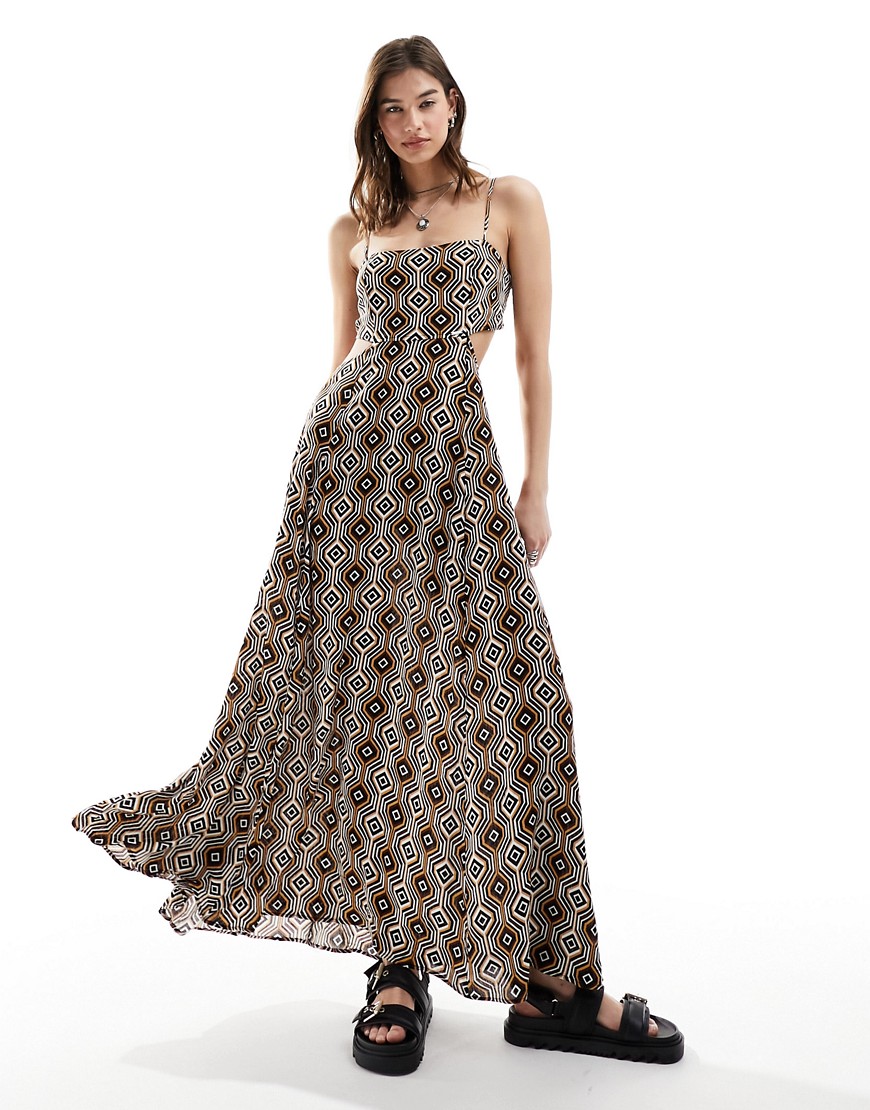 Superdry Sheered back maxi dress in harriot brown print