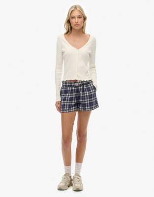 Short élastique en coton à carreaux - Bleu marine 36