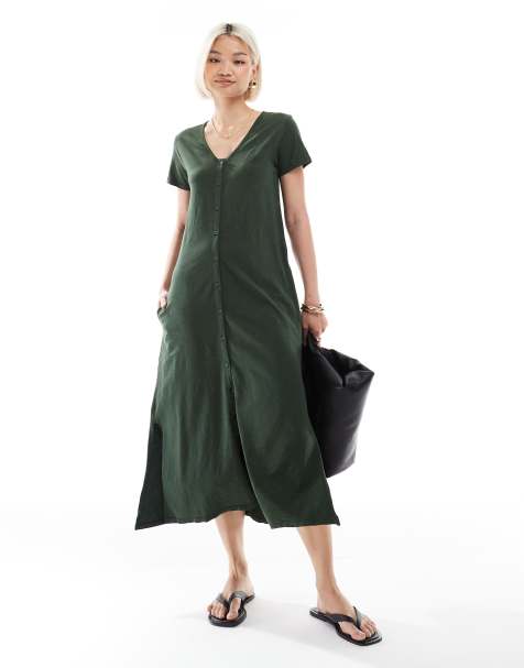 Superdry Short sleeve button through jersey midi dress in duffel bag green - view 1