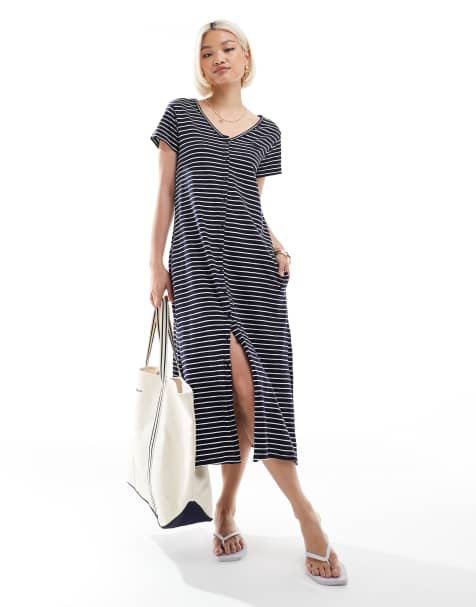 Superdry Short sleeve button through jersey midi dress in navy optic stripe - view 1