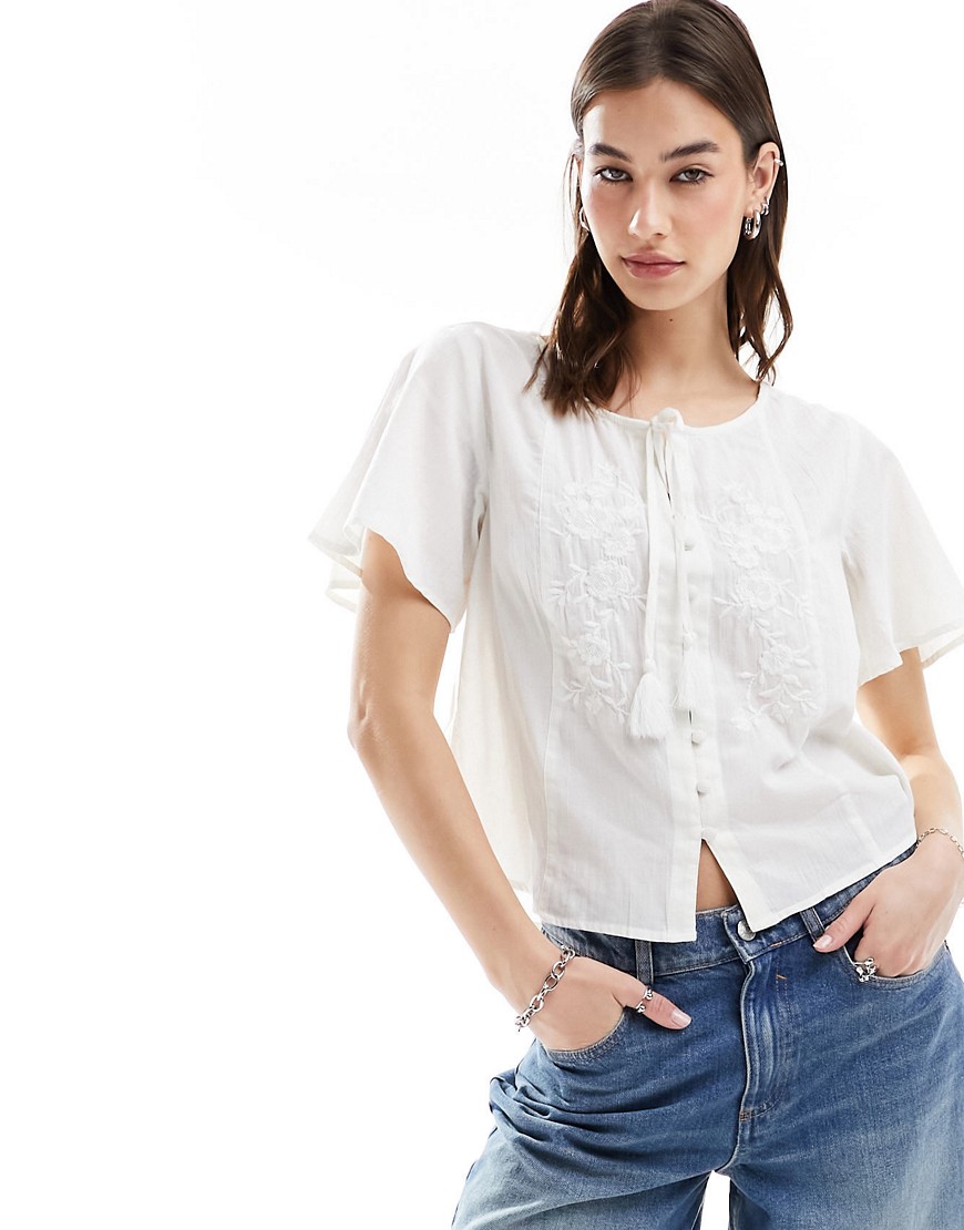 Superdry Short sleeve embroidered button top in ecru-White
