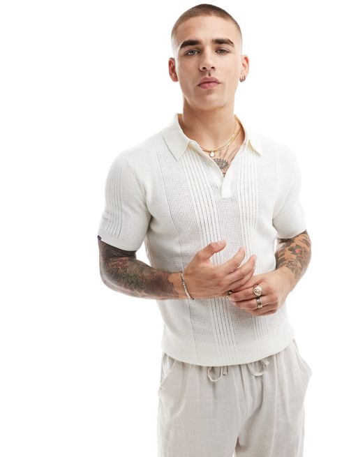 Superdry Short sleeve knitted polo shirt in off white