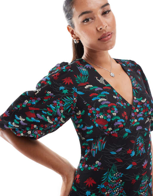 Superdry Short sleeve sheer midi dress in crane black print ASOS