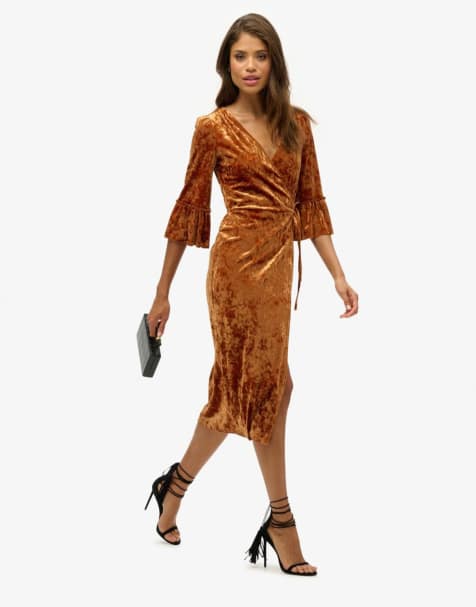 Superdry Short sleeve velvet wrap midi dress in tobacco brown - view 1