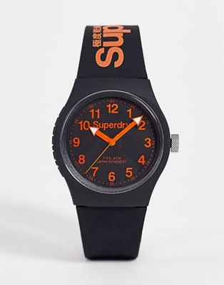 Superdry silicone strap watch in black and orange
