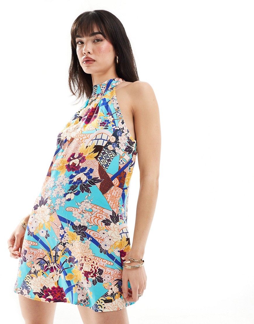 Superdry Sleeveless printed mini dress in aqua ni hanadukushi-Blue