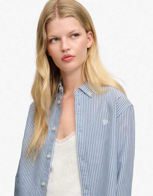 Superdry Slim oxford button down long sleeve shirt in azure blue stripe oxford, 3 of 6