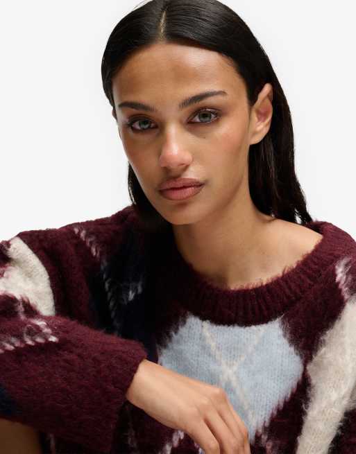 Superdry Slouchy brushed argyle knit jumper in burgundy navy argyle, 2 of 7