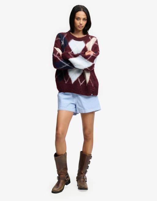 Superdry Slouchy brushed argyle knit jumper in burgundy navy argyle, 3 of 7