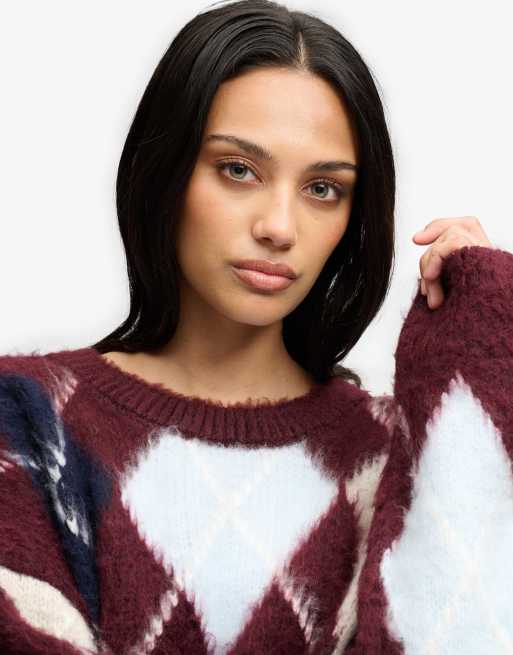 Superdry Slouchy brushed argyle knit jumper in burgundy navy argyle, 4 of 7