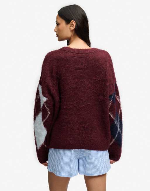 Superdry Slouchy brushed argyle knit jumper in burgundy navy argyle, 5 of 7