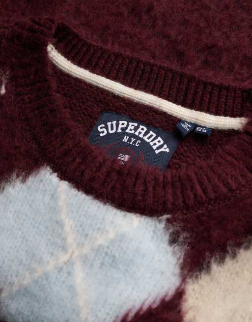 Superdry Slouchy brushed argyle knit jumper in burgundy navy argyle, 6 of 7