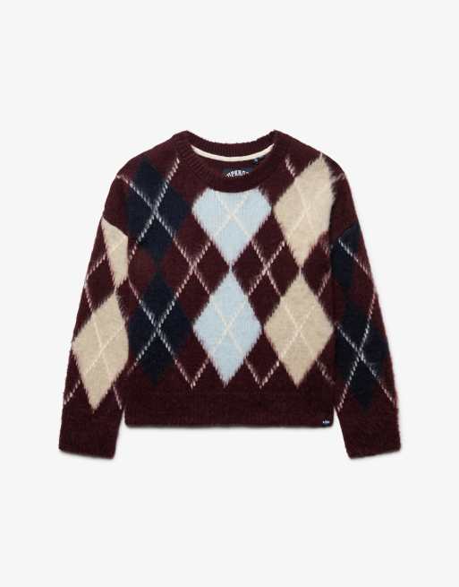 Superdry Slouchy brushed argyle knit jumper in burgundy navy argyle, 7 of 7