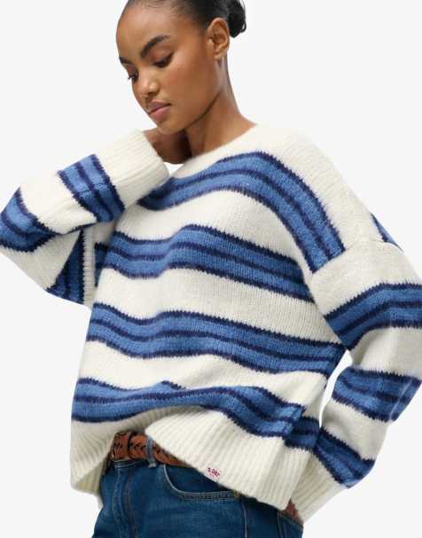 Superdry Slouchy brushed stripe knit jumper in bleached denim blue stripe