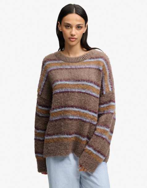 Superdry Slouchy brushed stripe knit jumper in brown burgundy blue stripe - view 1