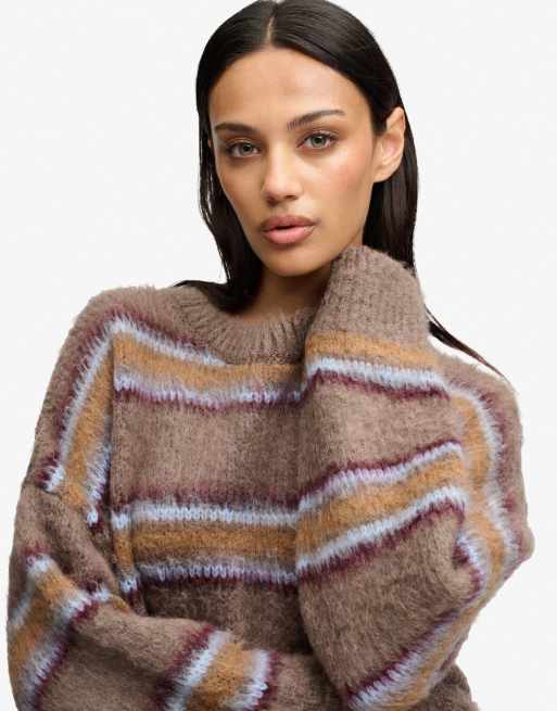 Superdry Slouchy brushed stripe knit jumper in brown burgundy blue stripe, 3 of 5