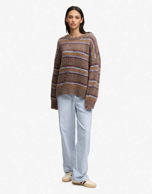 Superdry Slouchy brushed stripe knit jumper in brown burgundy blue stripe, 4 of 5