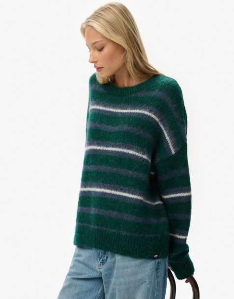 Superdry Slouchy brushed stripe knit jumper in pine green stripe