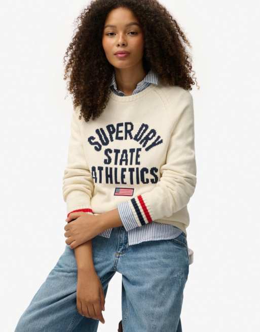 Superdry Slouchy intarsia graphic knitted jumper in desert bone off white, 6 of 7