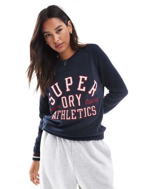 Superdry Slouchy knitted graphic crew jumper in deep navy