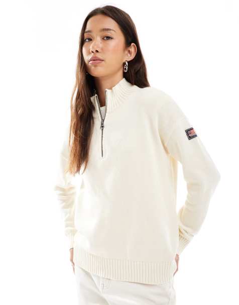 Superdry Slouchy knitted half zip in natural white - view 1
