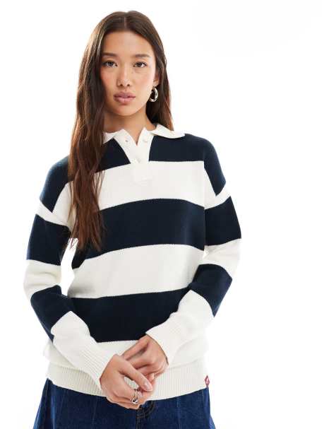 Superdry Slouchy striped rugby knitted jumper in off white/eclipse navy - view 1