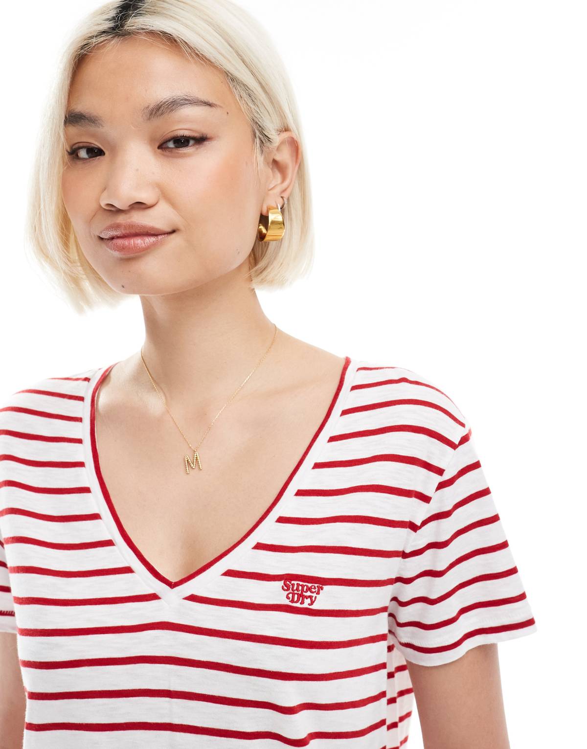 Superdry Slub embroidered v-neck t-shirt in varsity red/optic stripe