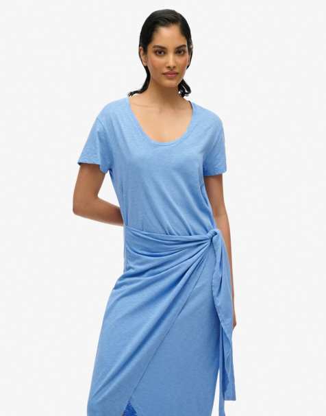 Superdry Slub midi wrap dress in bluebell