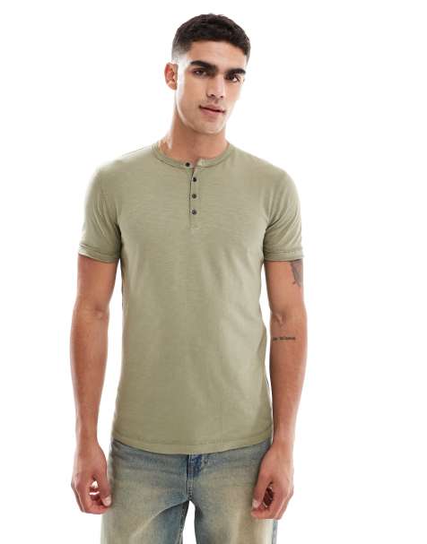 Superdry Slub short sleeve jersey grandad top in light khaki green - view 1