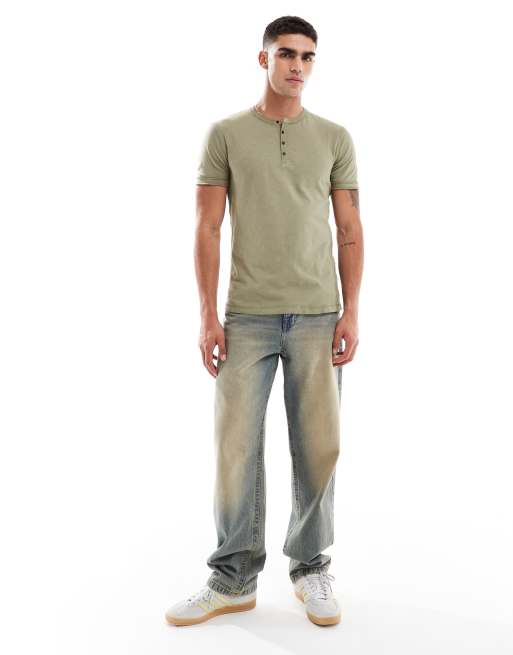 Superdry Slub short sleeve jersey grandad top in light khaki green, 2 of 4