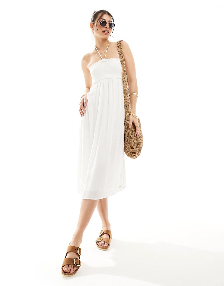 Superdry Smocked midi beach dress in off white