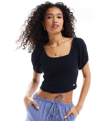 Superdry Smocked woven top in eclipse navy